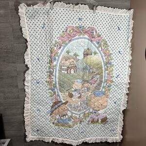 Vintage Baby Comforter Quilted Blanket Rabbit Bunny With Lace Trim Cottagecore